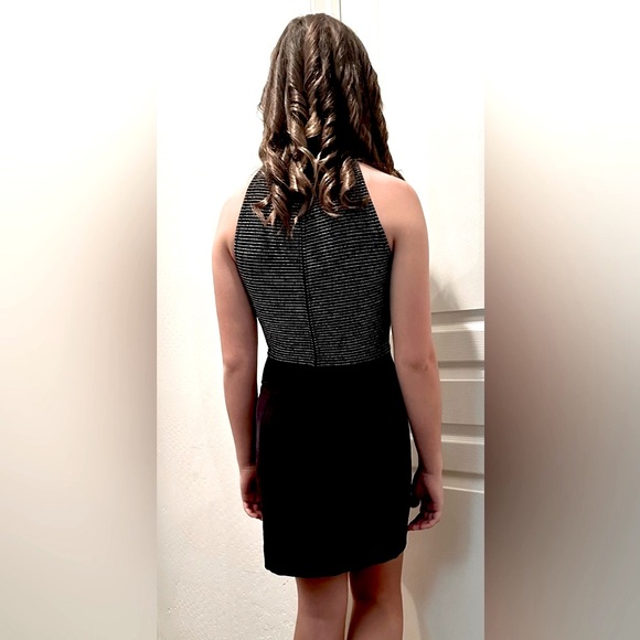 TADASHI Vtg 90s Mini Halter Dress Black/ Silver Pinstripe Crossed Bodice CL3 - Picture 8 of 9